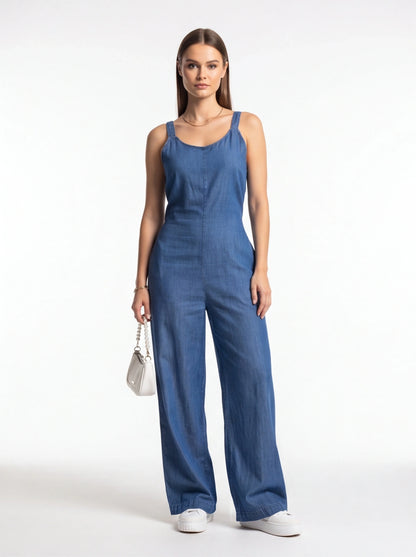 Wide-Leg Denim Jumpsuit with Adjustable Straps - Jamota