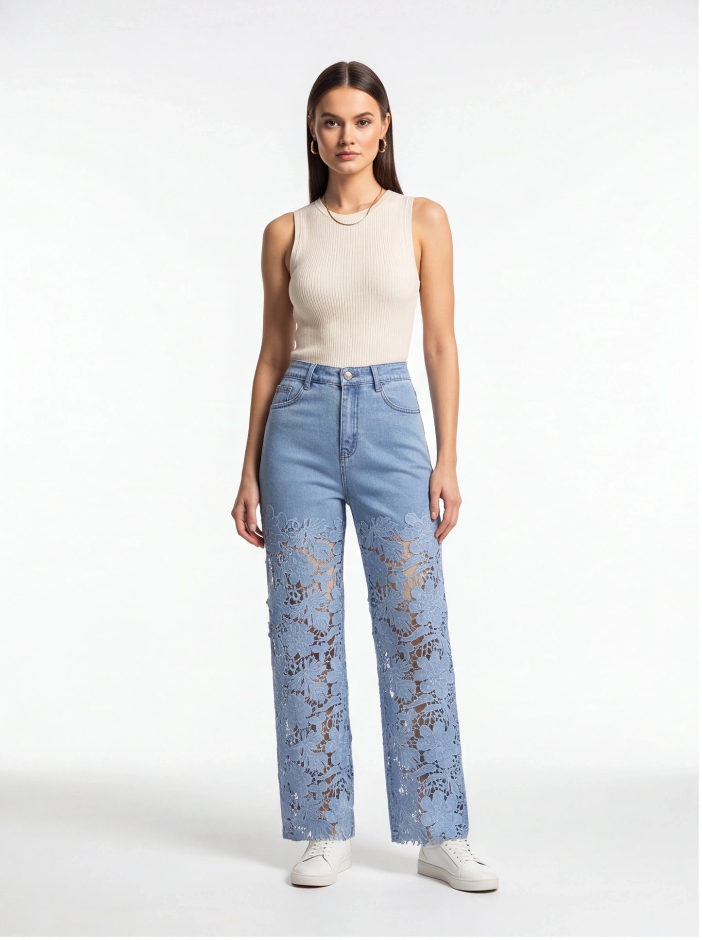 Stylish High-Waist Wide-Leg Jeans with Stretch Fabric and Relaxed Fit