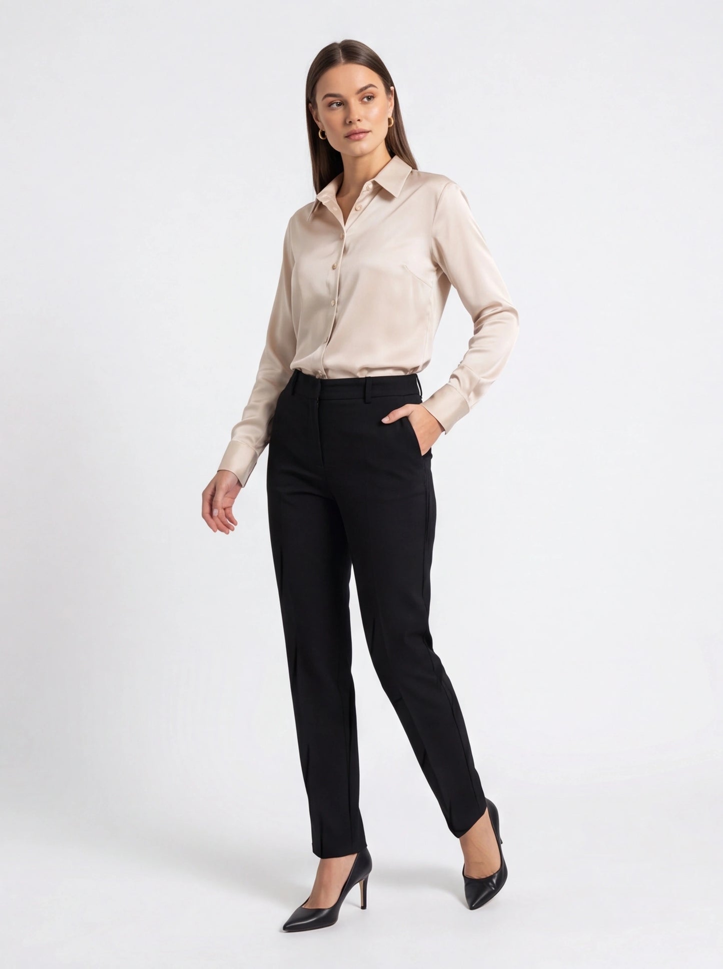 Beige Satin Blouse with Classic Collar - Jamota