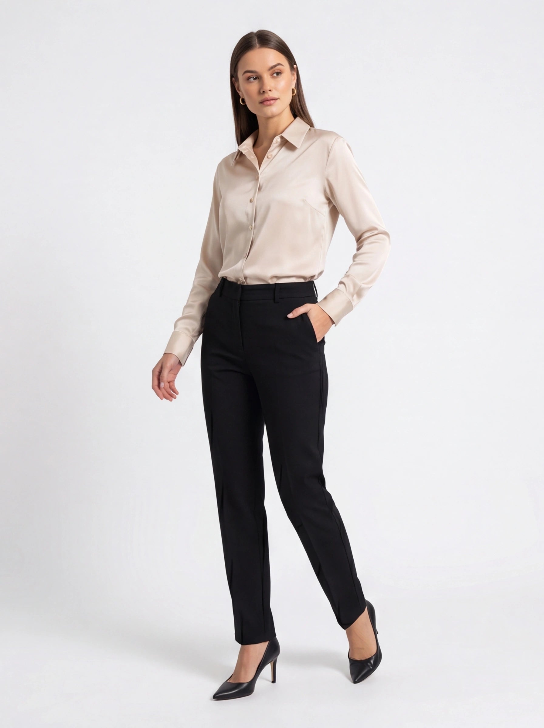 Beige Satin Blouse with Classic Collar - Jamota
