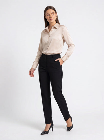 Beige Satin Blouse with Classic Collar - Jamota
