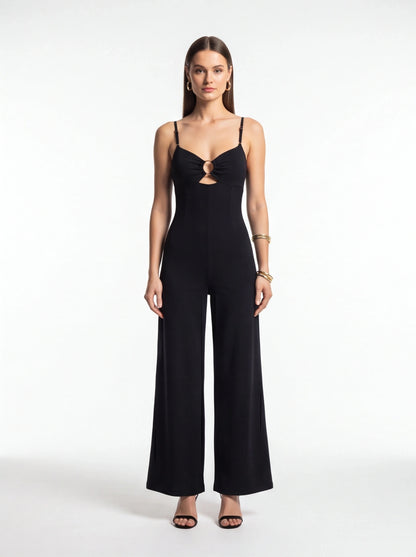 Jamota black jumpsuit with adjustable spaghetti straps, front ring cutout detail and wide-leg pants