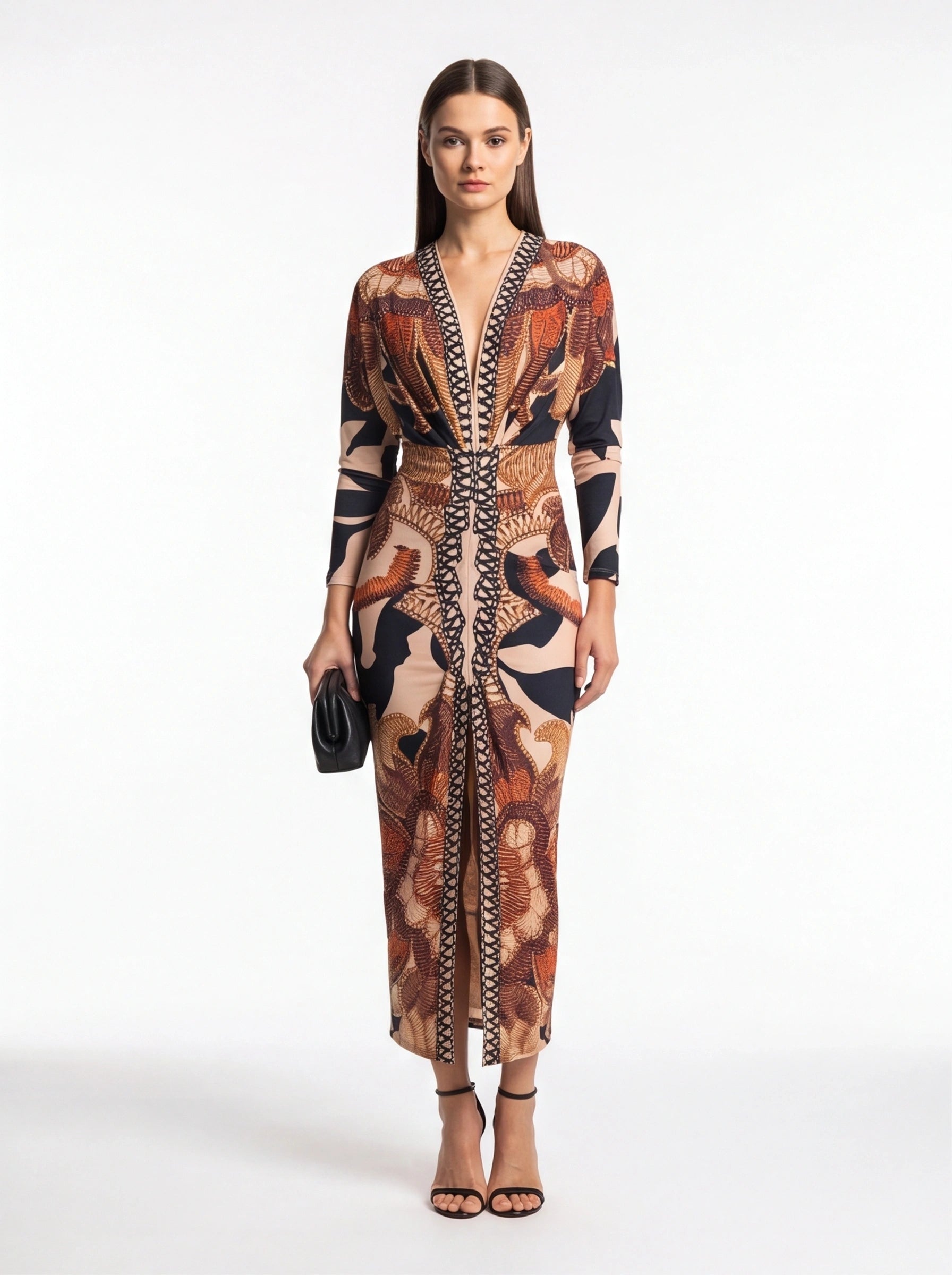 Brown Baroque Print Bodycon Maxi Dress with Front Slit - Jamota