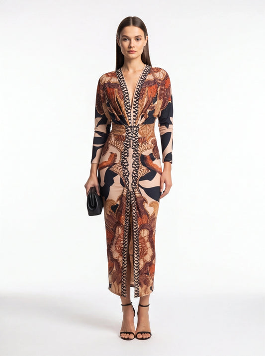 Brown Baroque Print Bodycon Maxi Dress with Front Slit - Jamota