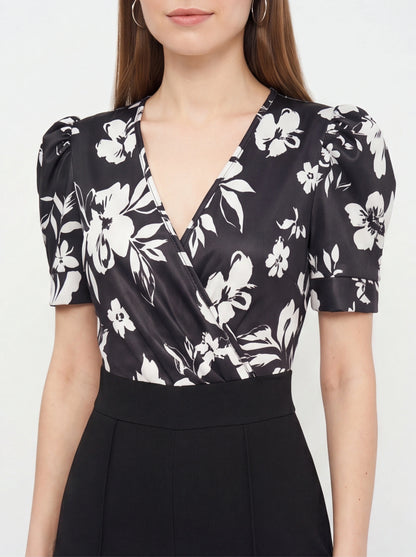 Jamota black floral print jumpsuit with wrap V-neck and short puff sleeves