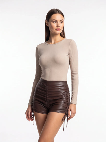 High Waisted Faux Leather Shorts with Drawstring & Elastic Waist by Jamota Uncategorized Shorts