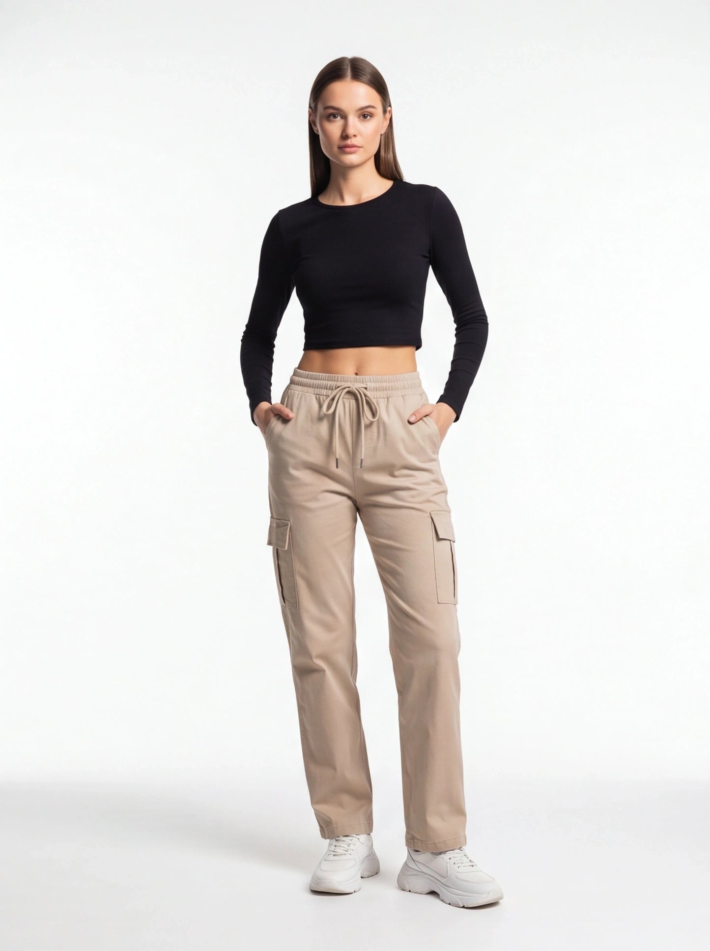 Stylish High-Waist Black Cargo Trousers with Pockets and Stretch Fabri