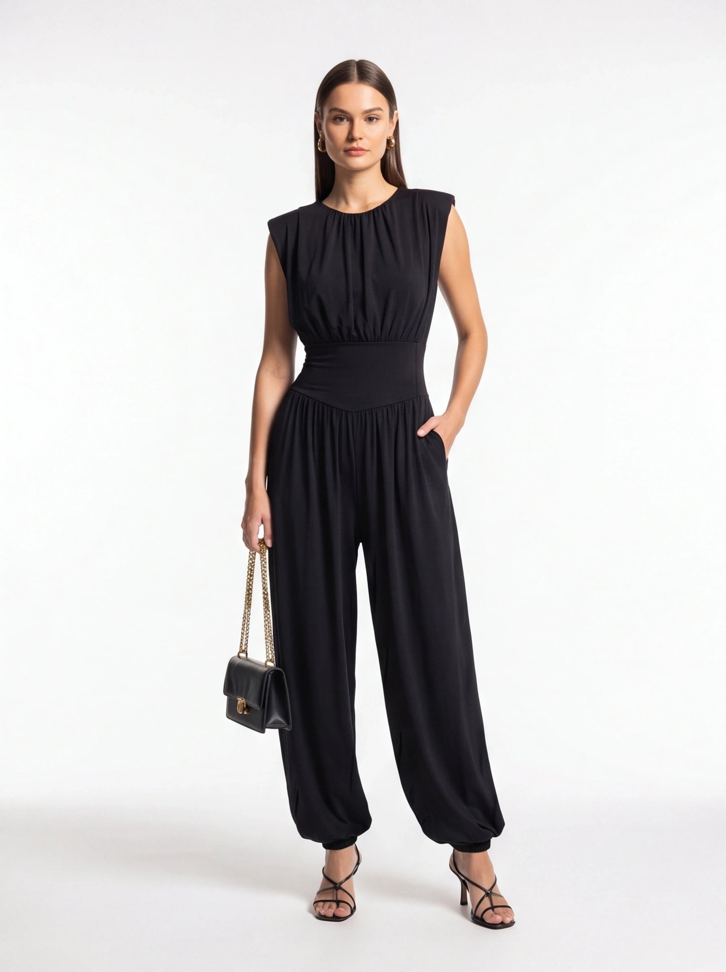 Elegant Casual Ruched Jumpsuit with Adjustable Straps & Pockets by Jamota One-Pieces Women's Jumpsuits