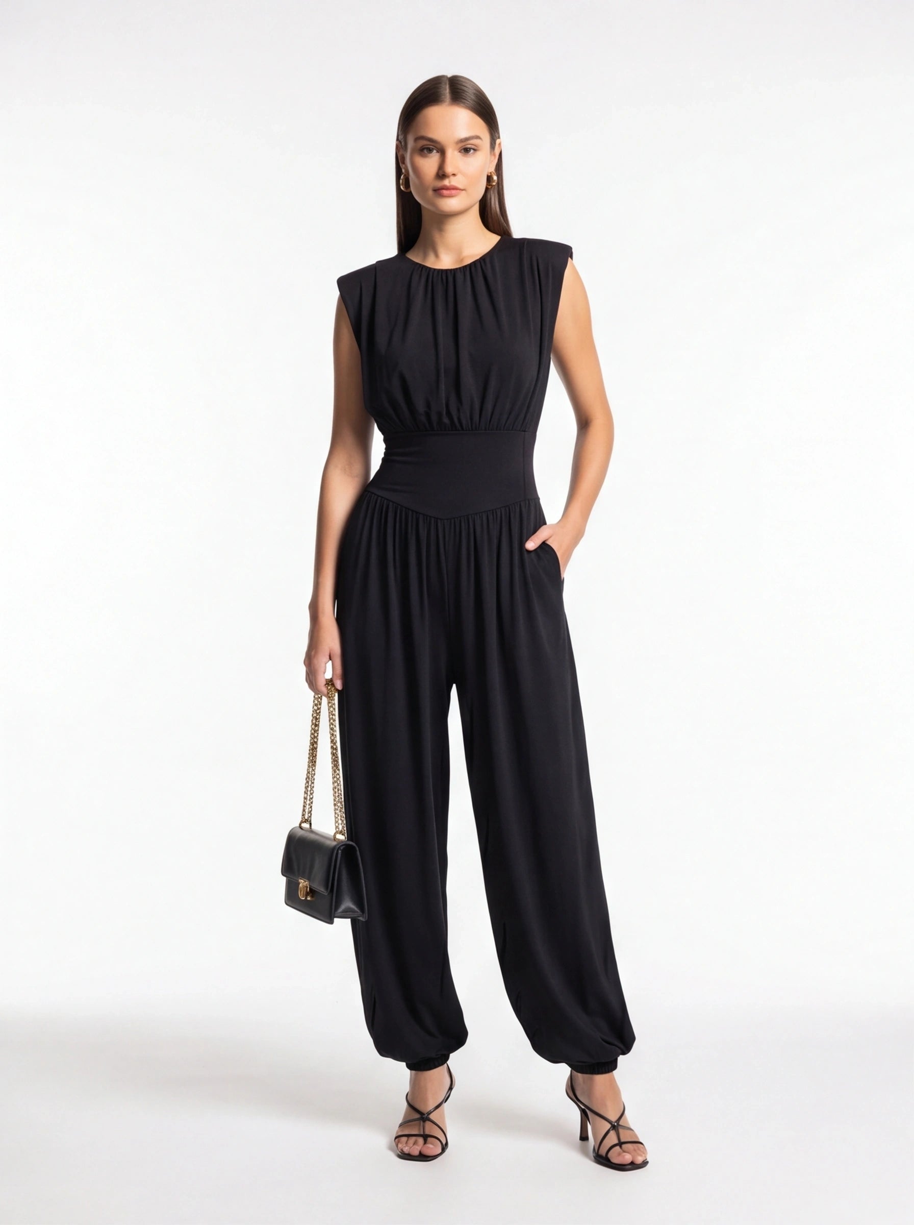 Elegant Casual Ruched Jumpsuit with Adjustable Straps & Pockets by Jamota One-Pieces Women's Jumpsuits