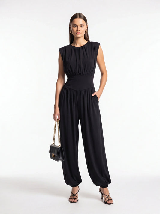 Elegant Casual Ruched Jumpsuit with Adjustable Straps & Pockets by Jamota One-Pieces Women's Jumpsuits