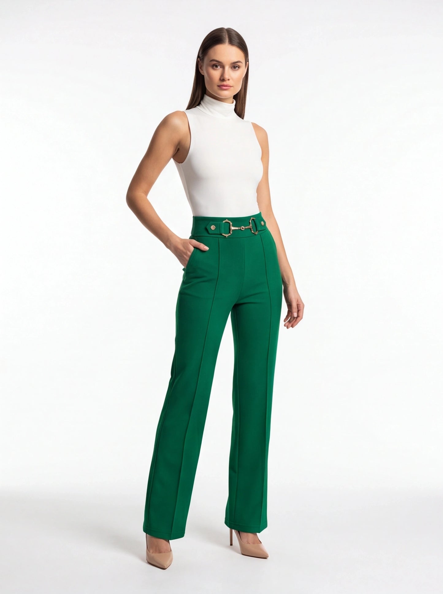 High Waist Casual Straight Leg Work Pants with Metal Button Detail