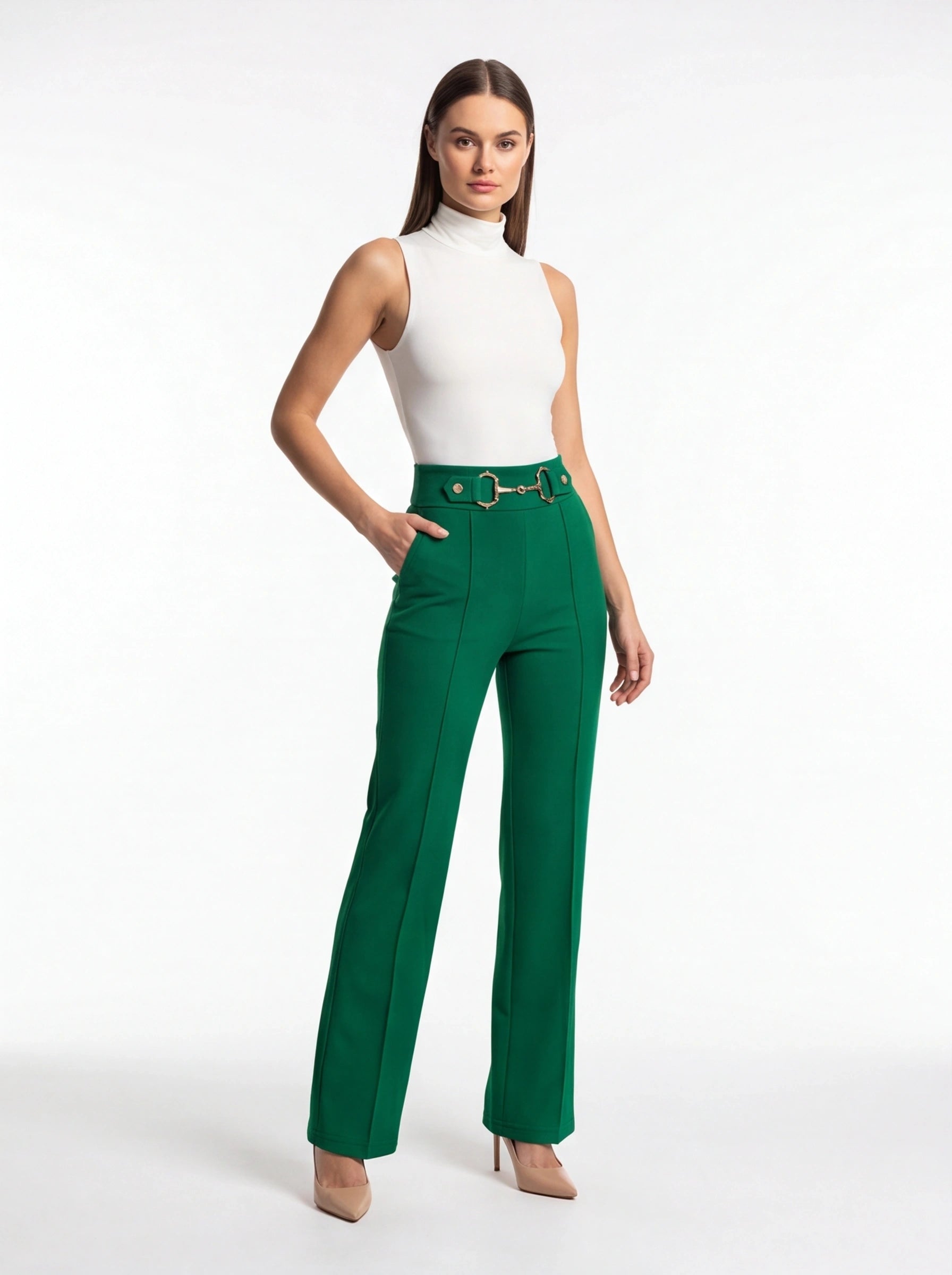 High Waist Casual Straight Leg Work Pants with Metal Button Detail