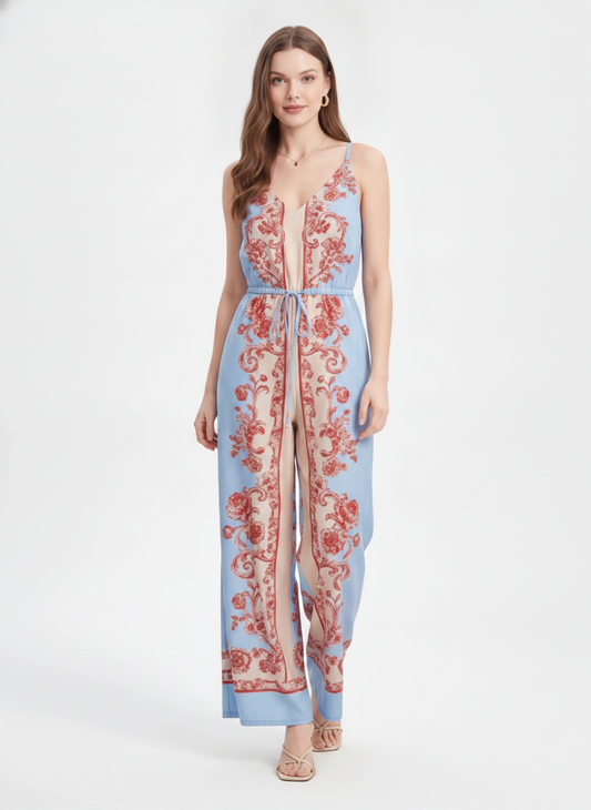 Elegant Floral Print Wide-Leg Jumpsuit with Adjustable Straps - Jamota