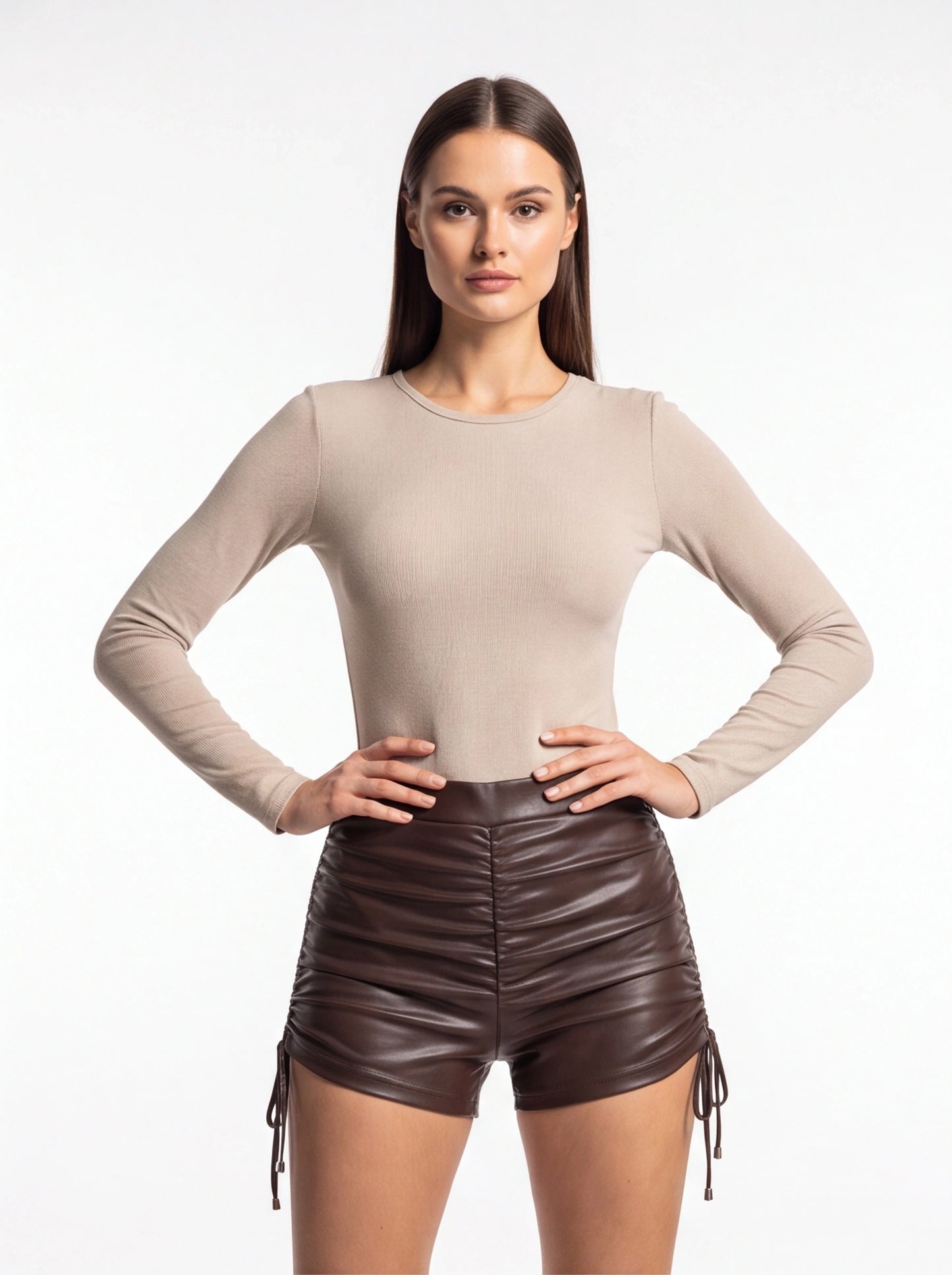 High Waisted Faux Leather Shorts with Drawstring & Elastic Waist - Jamota