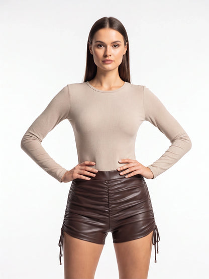 High Waisted Faux Leather Shorts with Drawstring & Elastic Waist - Jamota