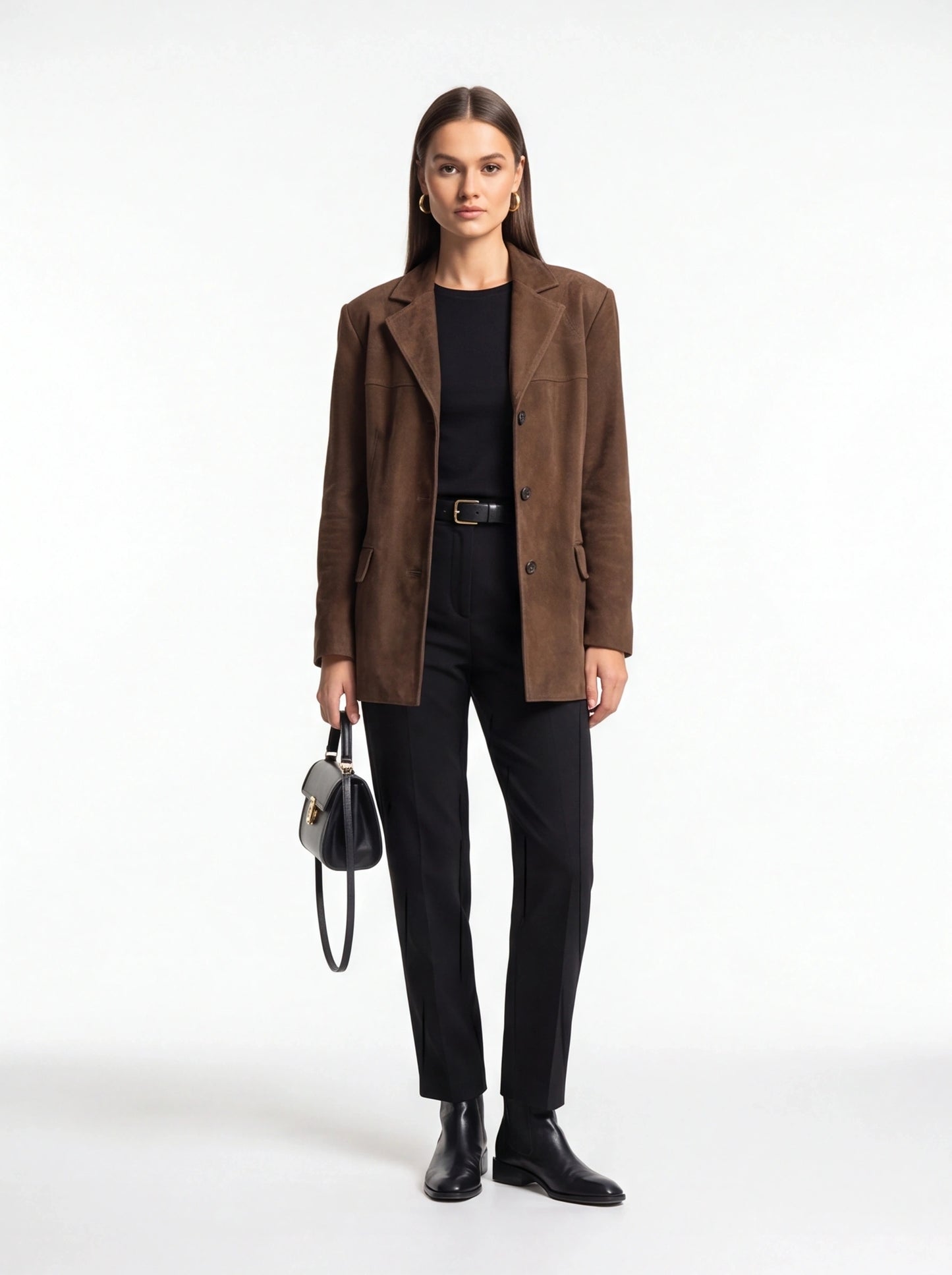 Elegant Brown Tailored Blazer with Padded Shoulders and Slim Fit
