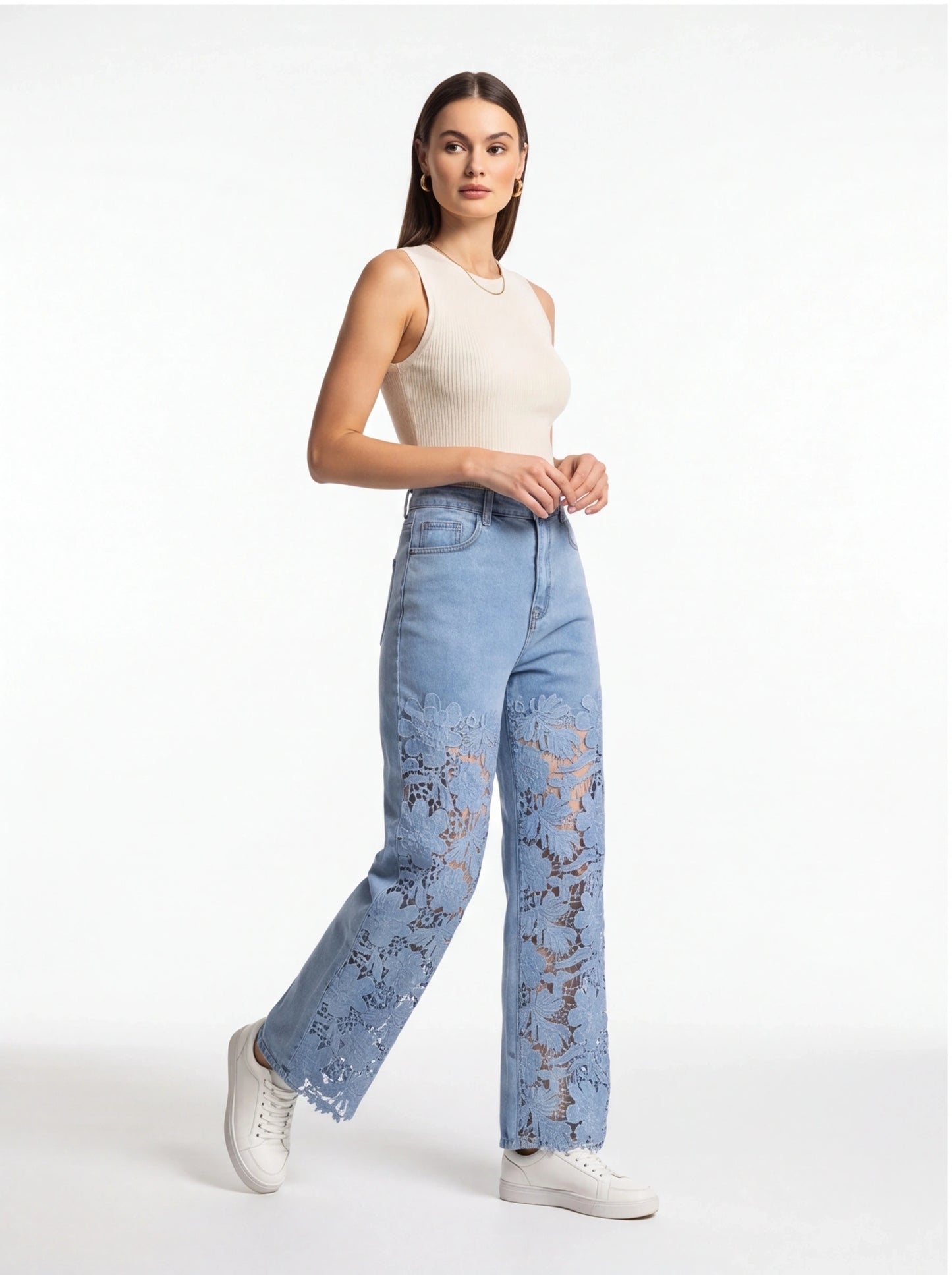 Stylish High-Waist Wide-Leg Jeans with Stretch Fabric and Relaxed Fit