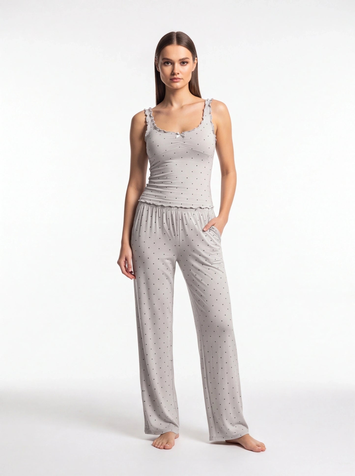 Polka Dot Pajama Set with Wide-Leg Pants by Jamota Pajamas Women's Sleepwear & Loungewear