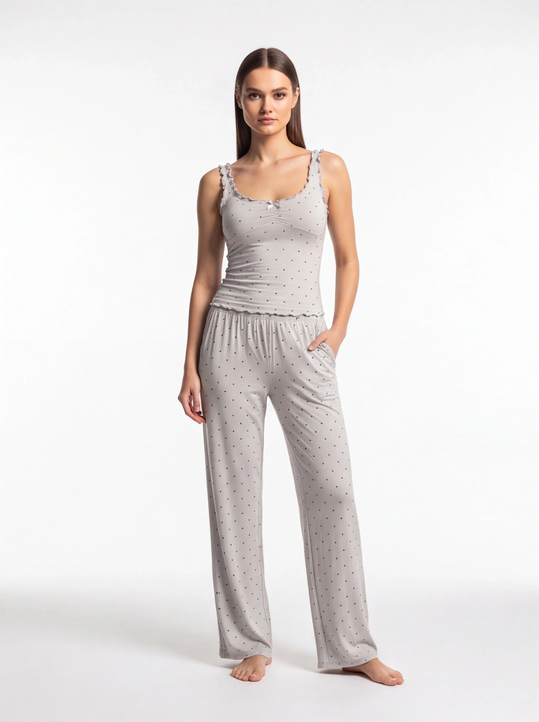 Polka Dot Pajama Set with Wide-Leg Pants by Jamota Pajamas Women's Sleepwear & Loungewear