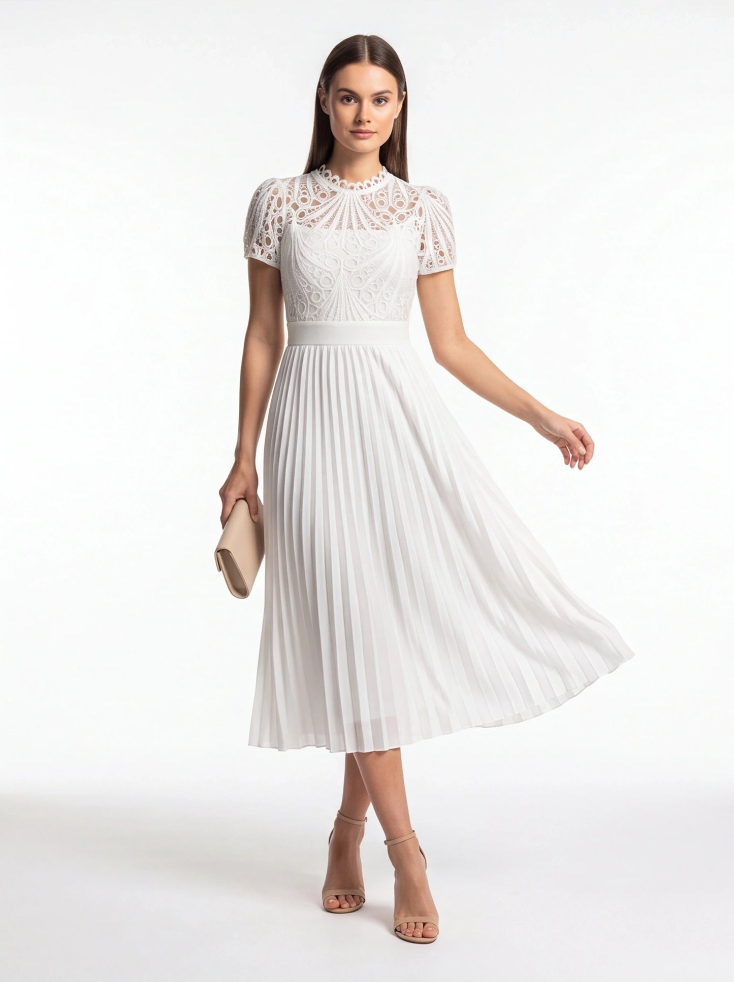 Pleated Lace Midi Dress with Puff Sleeves - Jamota