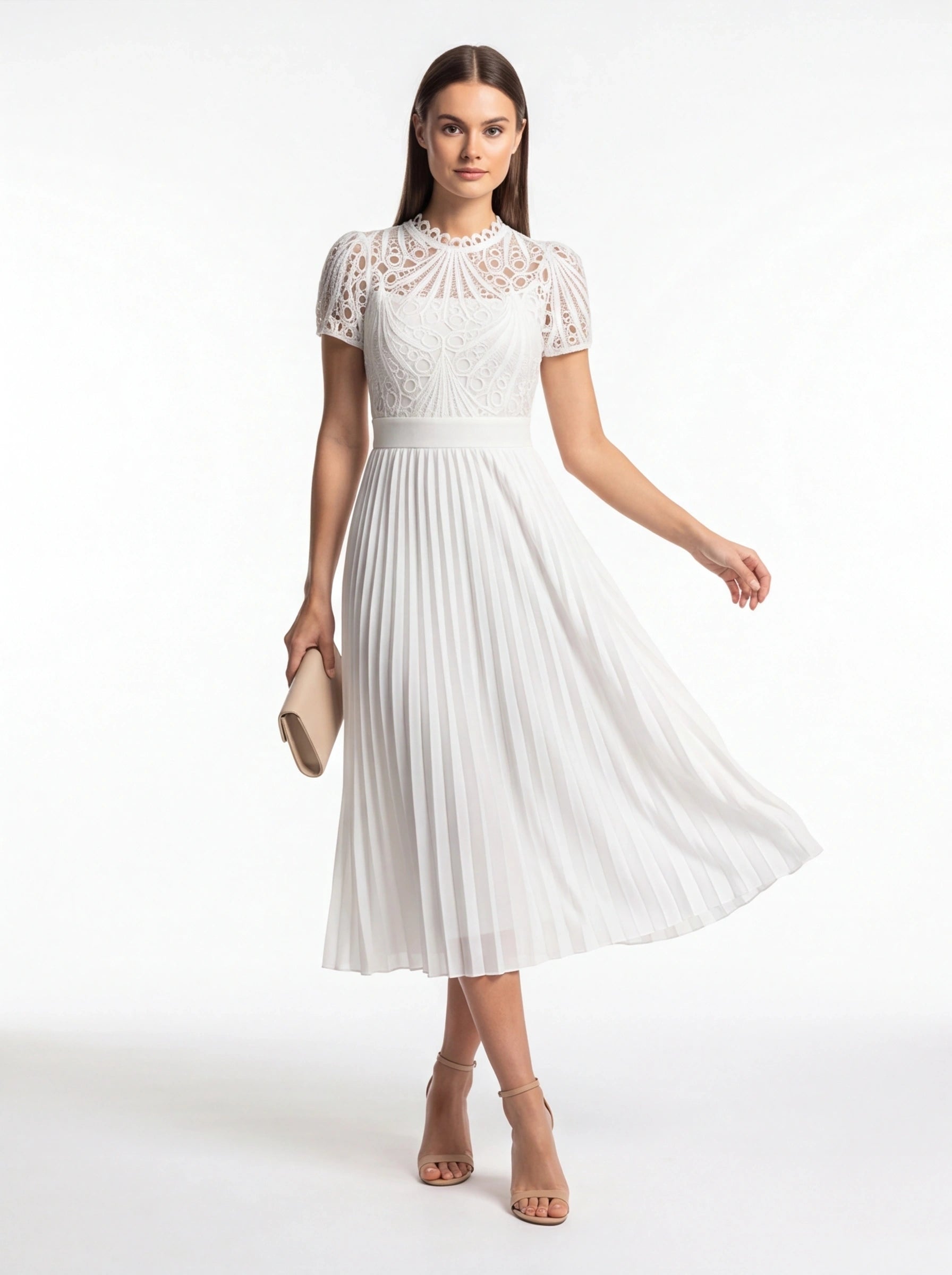 Pleated Lace Midi Dress with Puff Sleeves - Jamota