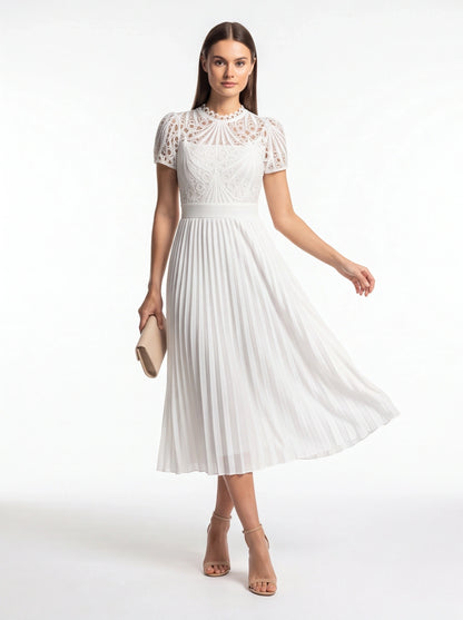 Pleated Lace Midi Dress with Puff Sleeves - Jamota