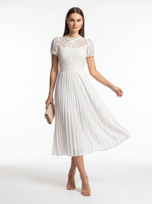 Pleated Lace Midi Dress with Puff Sleeves - Jamota