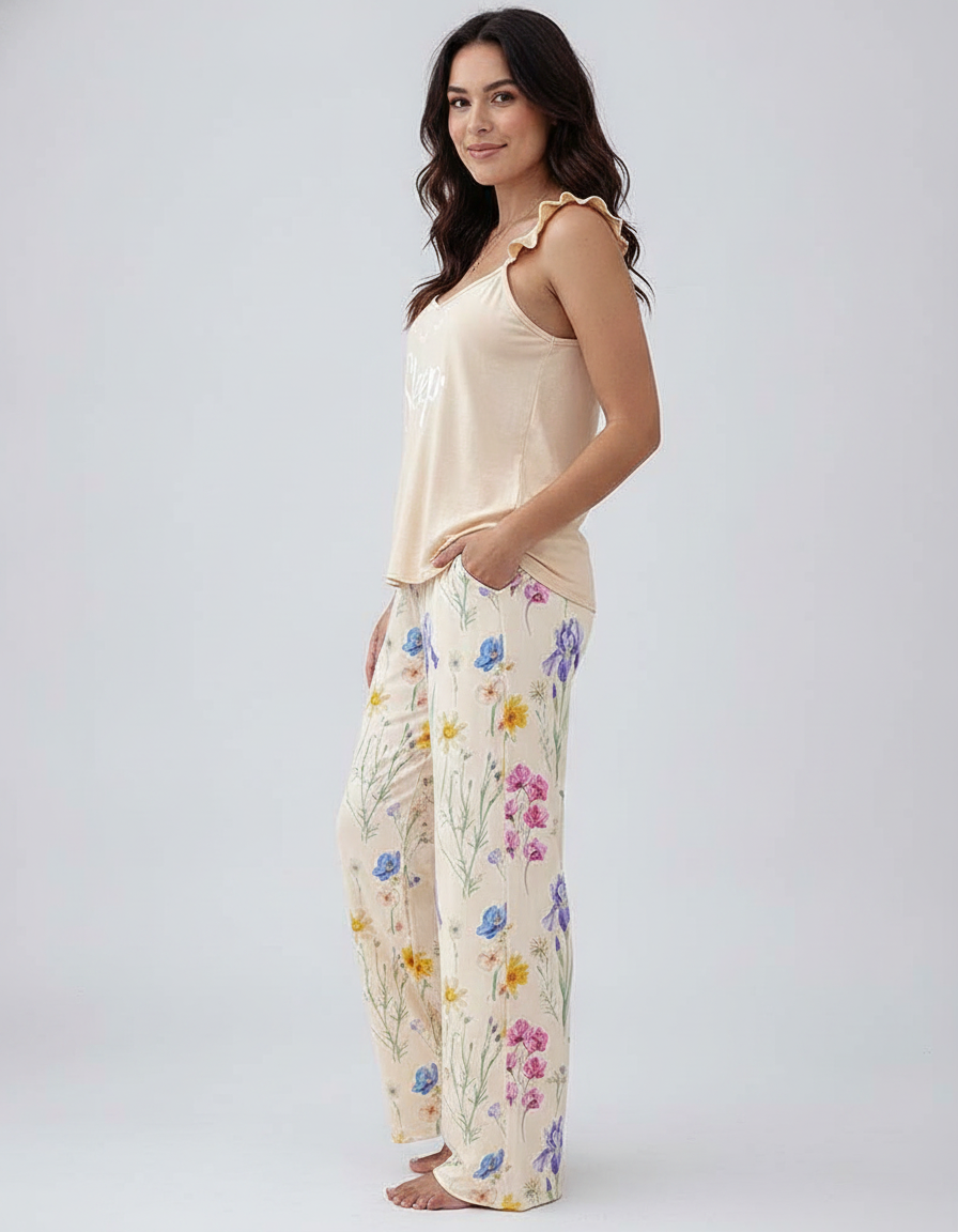Floral Wide Leg Cami Pajama Set | Ruffle Trim & Comfortable Fit - Jamota