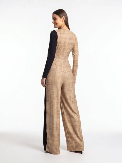 Colorblock Wide-Leg Jumpsuit with V-Neck by Jamota One-Pieces Jumpsuits