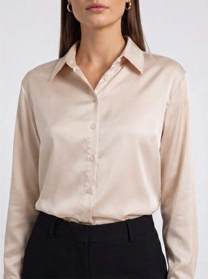 Beige Satin Blouse with Classic Collar - Jamota