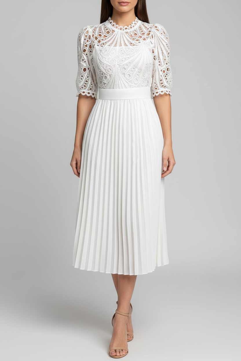 Pleated Lace Midi Dress with Puff Sleeves - Jamota