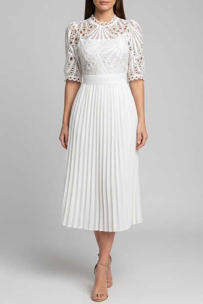 Pleated Lace Midi Dress with Puff Sleeves - Jamota