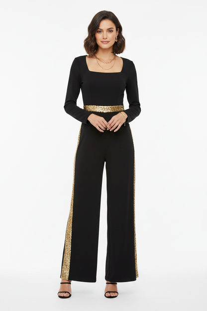 Elegant Gold Sequin Jumpsuit with Flattering Fit and Adjustable Straps by Jamota One-Pieces Jumpsuits