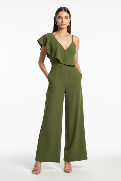 Backless Wide-Leg Jumpsuit with Ruffle Tie Panel - Jamota