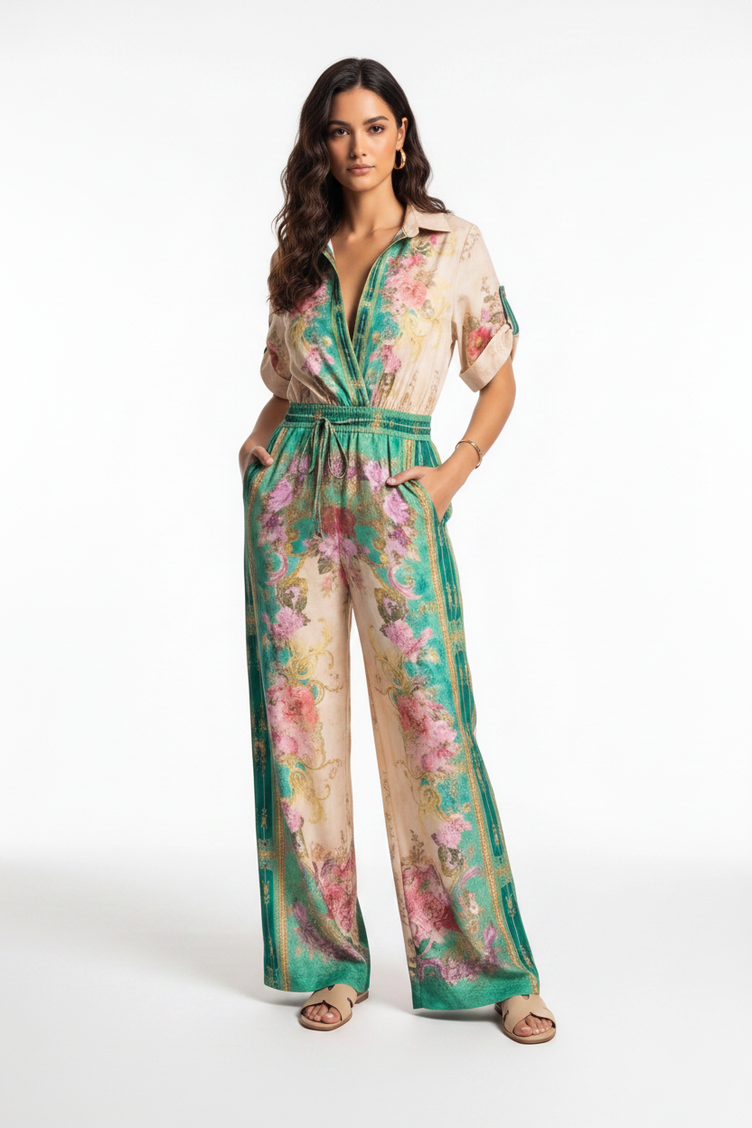 Floral Wide-Leg Jumpsuit with Roll-Up Sleeves - Jamota