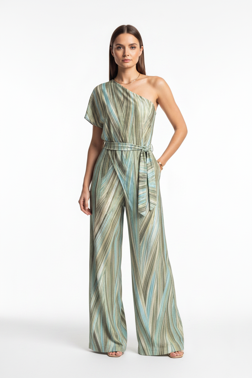 Elegant Abstract Print Wide Leg Jumpsuit with Pockets and Belted Waist - Jamota