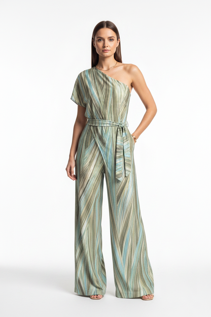 Elegant Abstract Print Wide Leg Jumpsuit with Pockets and Belted Waist - Jamota
