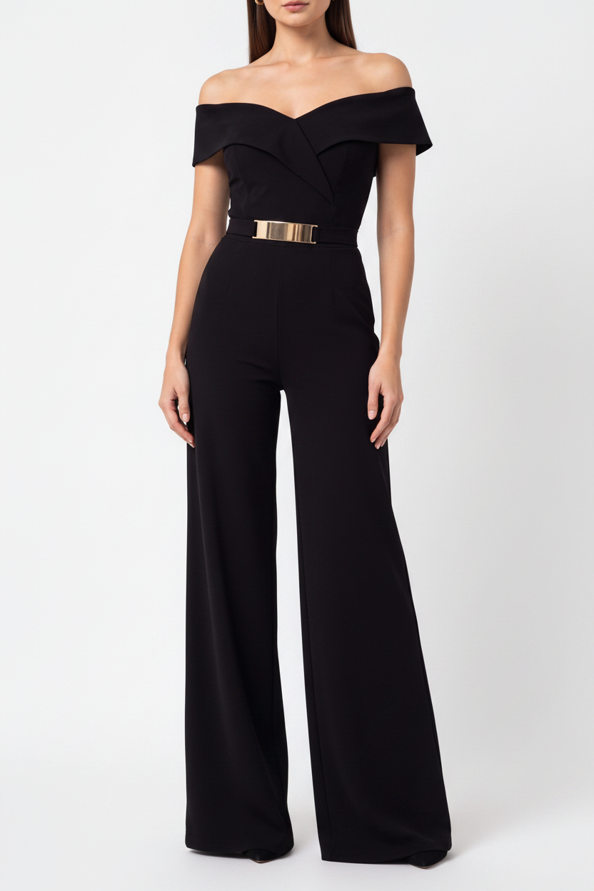 Elegant Black Off-Shoulder Wide-Leg Jumpsuit with Belt - Jamota