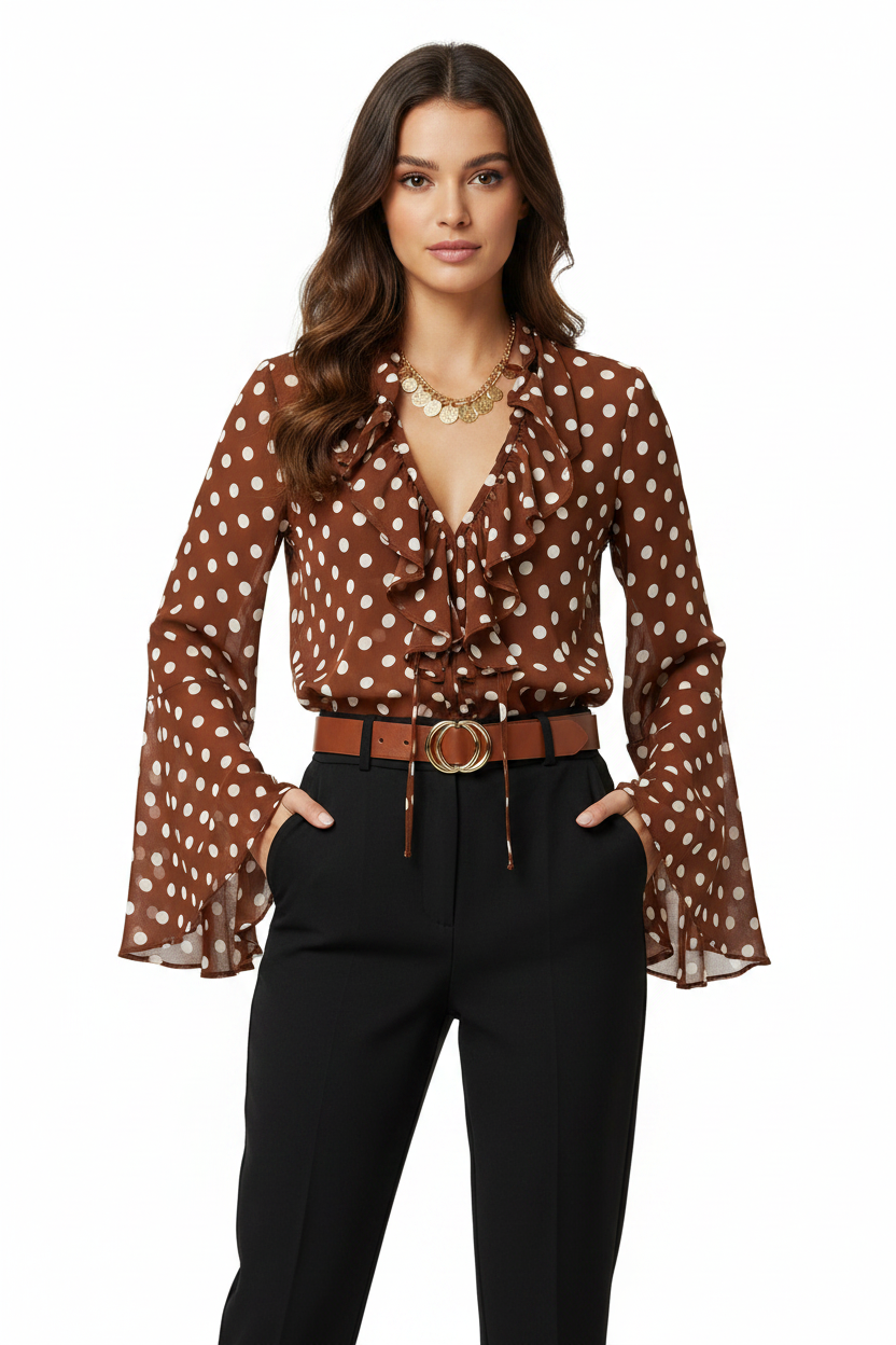Elegant Vintage Polka Dot Blouse with Soft Fabric and Button Detail by Jamota Blouses Blouses