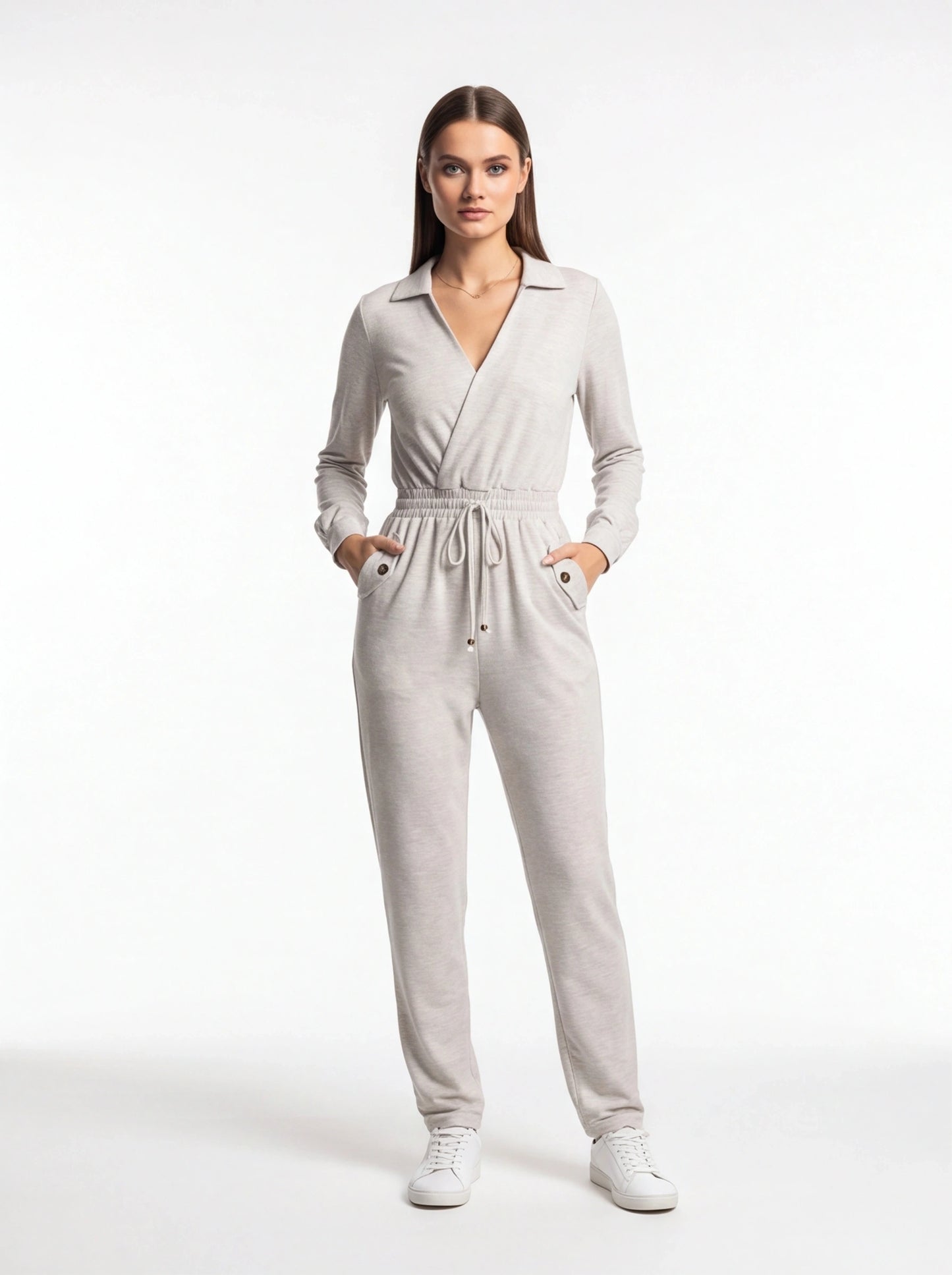Jamota light gray jumpsuit with wrap-front neckline, long sleeves, elastic drawstring waist and side pockets