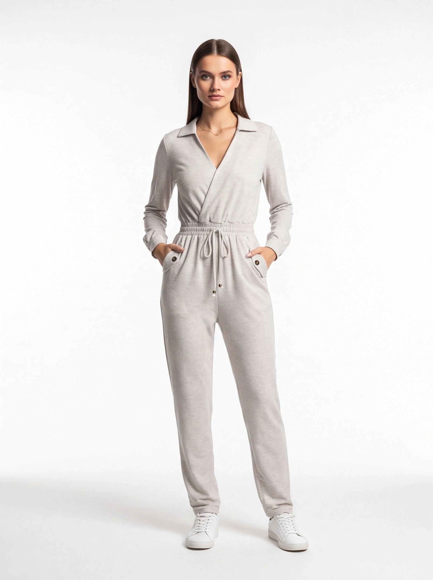 Jamota light gray jumpsuit with wrap-front neckline, long sleeves, elastic drawstring waist and side pockets