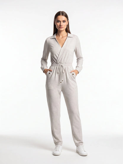 Jamota light gray jumpsuit with wrap-front neckline, long sleeves, elastic drawstring waist and side pockets