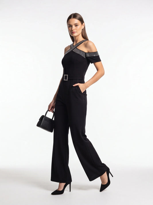 Elegant Cold Shoulder Jumpsuit with Pockets and Adjustable Straps - Jamota