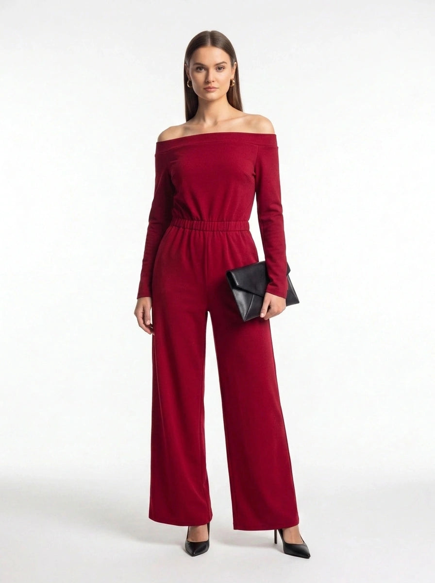 Black Off-Shoulder Wide-Leg Jumpsuit with Pockets by Jamota One-Pieces Jumpsuits