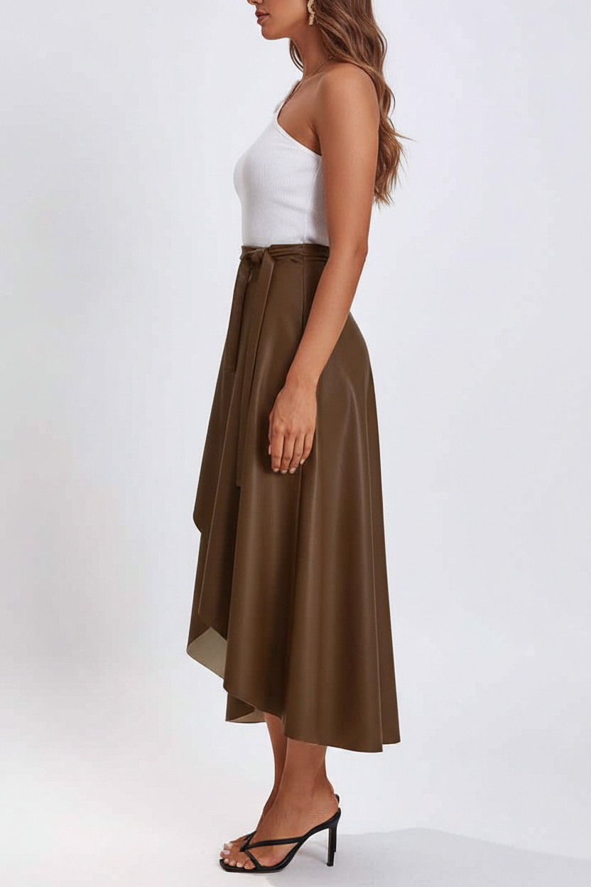 Brown Midi Skirt Wrap With Adjustable Side Tie For A Sleek Silhouette Sheen Polyurethane Leather by Jamota Skirts Women's Skirts