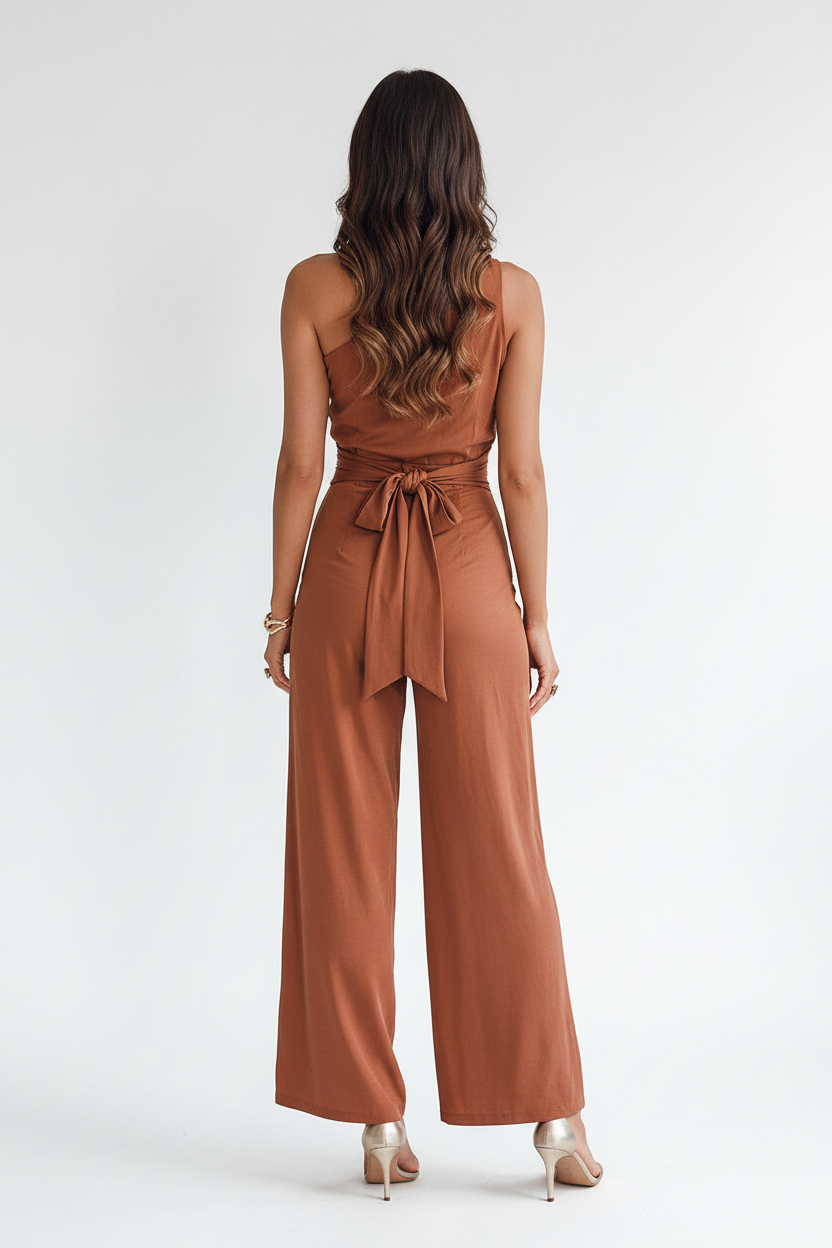 Elegant Asymmetric Wide-Leg Jumpsuit with Pockets & Adjustable Straps by Jamota One-Pieces Jumpsuits
