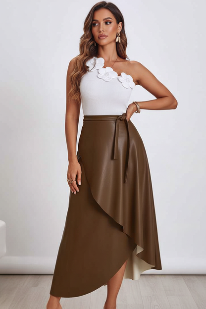 Brown Midi Skirt Wrap With Adjustable Side Tie For A Sleek Silhouette Sheen Polyurethane Leather by Jamota Skirts Women's Skirts
