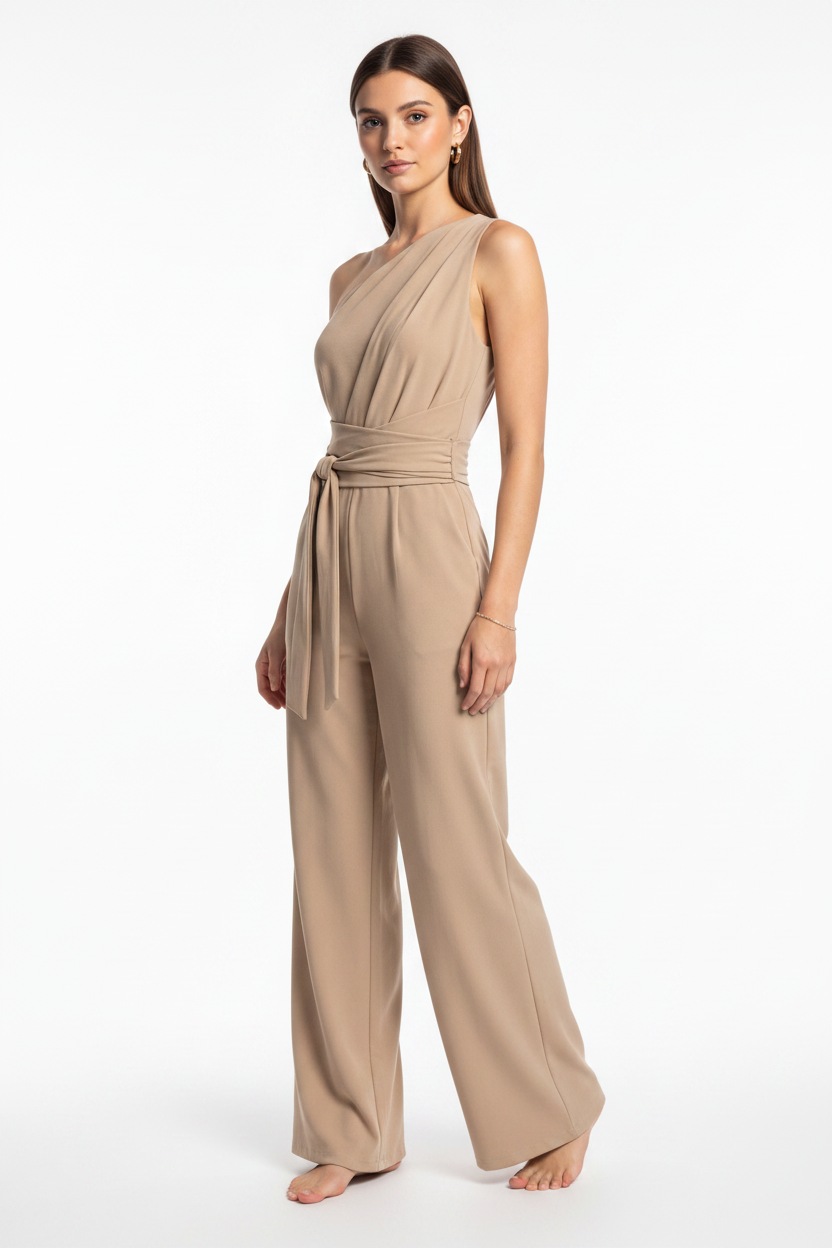 Elegant Asymmetric Wide-Leg Jumpsuit with Pockets & Adjustable Straps by Jamota One-Pieces Jumpsuits