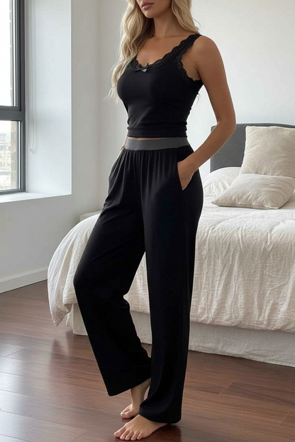 Women's Ribbed Pajama Set with Lace Accents | Soft & Comfortable Loung by Jamota Pajamas Women's Sleepwear & Loungewear