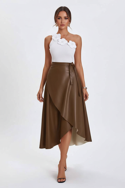 Brown Midi Skirt Wrap With Adjustable Side Tie For A Sleek Silhouette Sheen Polyurethane Leather by Jamota Skirts Women's Skirts